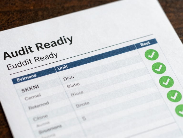 Close-up of a digital competency report showing audit-ready evidence, SKKNI unit checklist, and green verification badges, clean corporate aesthetic.