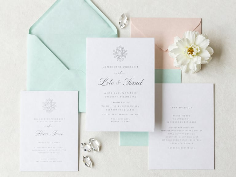 A beautifully styled wedding registry flat-lay with elegant invitation suites, fine crystal, and pastel mint accent details, soft daylight