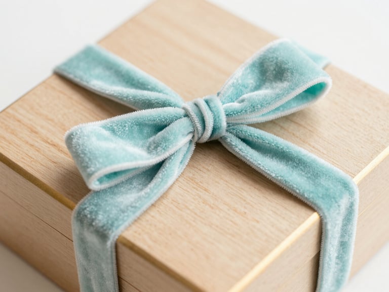 Close-up of a hand-tied velvet ribbon on a wooden keepsake memory box, warm gold accents, shallow depth of field