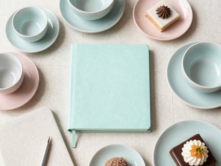 Overhead flat-lay of curated lifestyle items, handpicked ceramics, linen notebooks, and gourmet treats arranged beautifully, bright natural daylight
