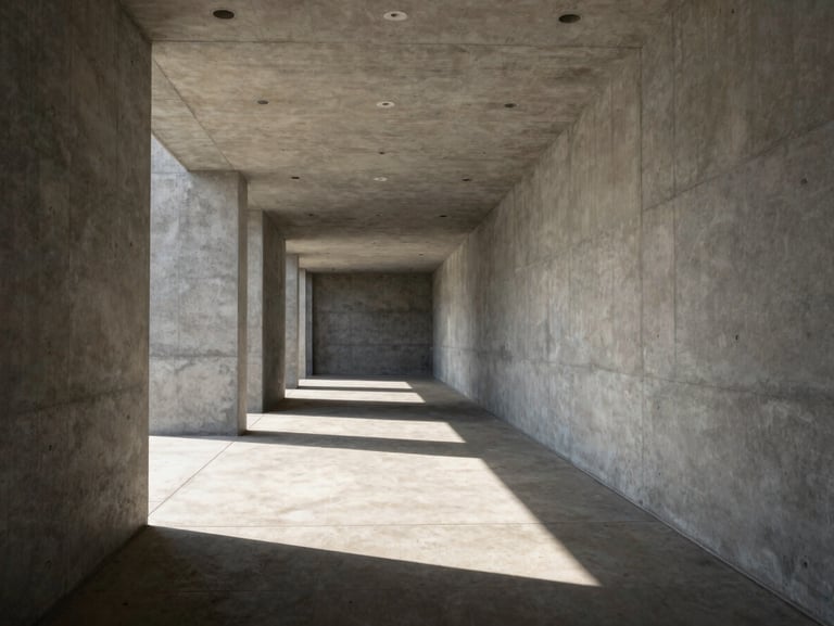 Minimalist concrete corridor with dramatic geometric light cast on the floor, devoid of people, natural daylight, straight-on elevation