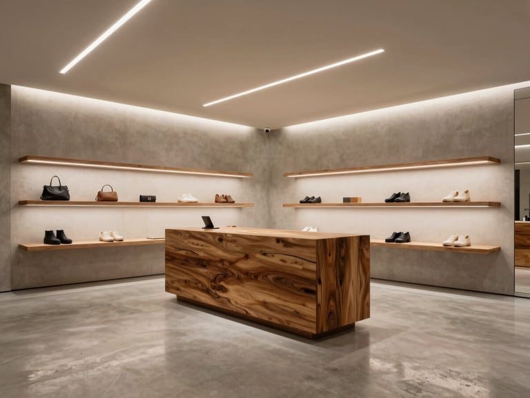 Interior de uma boutique minimalista de alto padrão, piso de concreto polido, iluminação linear embutida no teto criando linhas geométricas, bloco de exposição em madeira bruta.