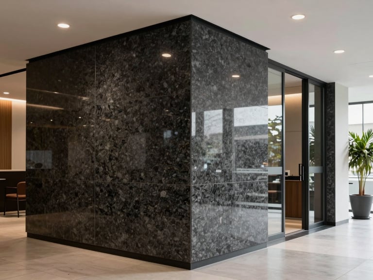 Detalhe aproximado da interseção de materiais em um lobby comercial, granito escuro texturizado encontrando aço inoxidável escovado de forma perfeitamente nivelada, luz lateral natural.