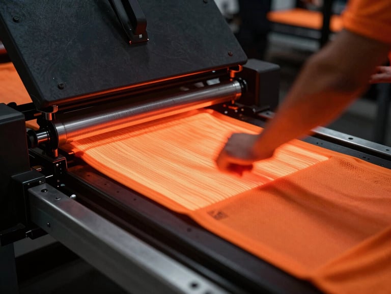 Behind the scenes of sports apparel manufacturing, glowing orange heat press, technical fabrics