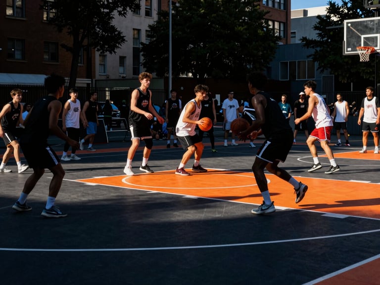 Crowded urban street basketball tournament at dusk, glowing court lines, high energy