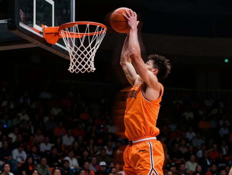 Dynamic action shot of a basketball player dunking, motion blur, dramatic orange lighting, dark court background