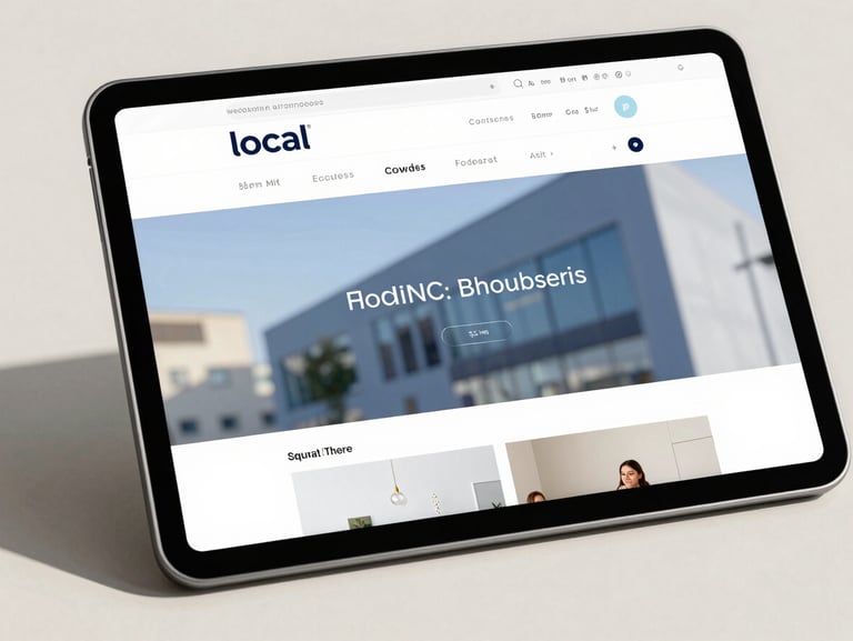 A crisp close-up screenshot of a modern local business website displayed on a tablet, bright natural daylight, clean neutral background, sharp focus