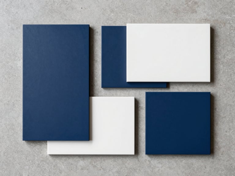 Minimalist industrial flat-lay of clean geometric material samples in shades of deep indigo and warm white, arranged on a neutral concrete surface, soft natural light.