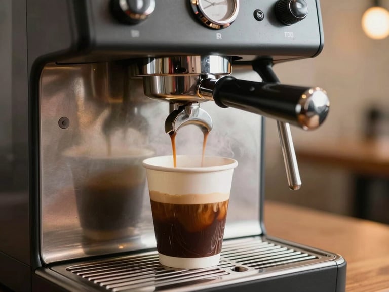 Close-up of a modern espresso vending machine dispensing rich coffee into a paper cup, steam rising, warm ambient lighting.
