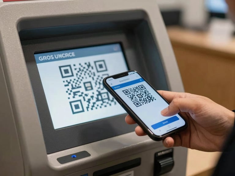 Gros plan sur l'écran d'un distributeur automatique moderne affichant un code QR, un smartphone tenu par une main s'apprêtant à scanner pour payer, ambiance de bureau lumineuse.