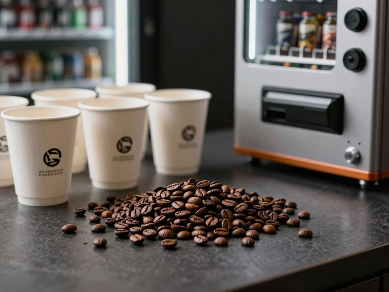 Premium coffee beans, paper cups, and vending machine accessories arranged neatly on a dark surface, professional lighting.