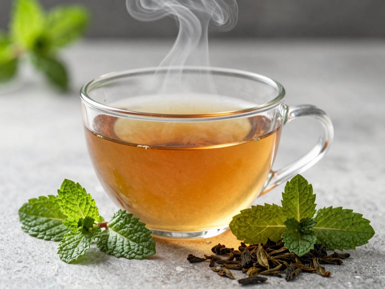 Delicate steam rising from a clear glass cup of amber tea, fresh mint leaves and whole tea leaves scattered beside it, soft natural light.