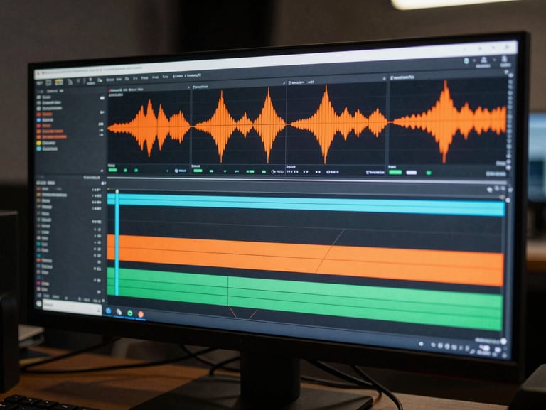 Cinematic shot of an editing suite timeline on a large monitor, high-contrast grading, orange audio waves on screen, professional studio environment