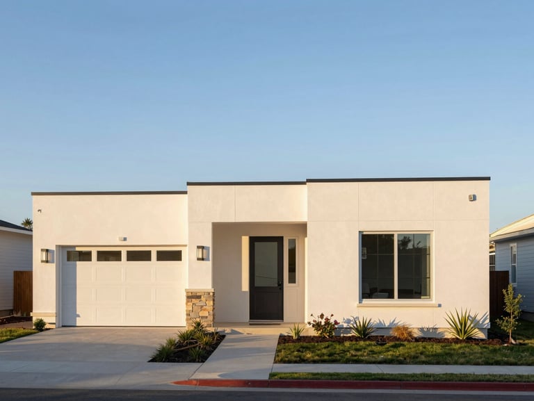 Grounded modern home exterior in Sandy, Utah, clean architectural lines, golden hour lighting.