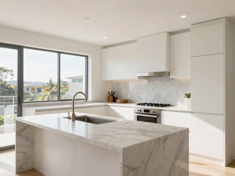 Bright modern kitchen interior, marble countertops, clean daylight, professional real estate photography.