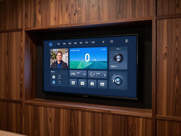 Close-up of a premium home theater interface integrated into custom walnut cabinetry, warm dramatic lighting