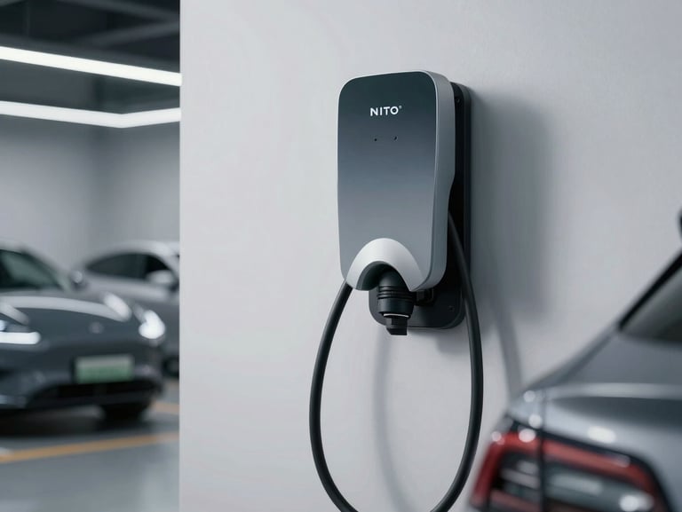 A luxury electric vehicle charging in a clean, minimalist garage with custom lighting and a wall-mounted premium charger