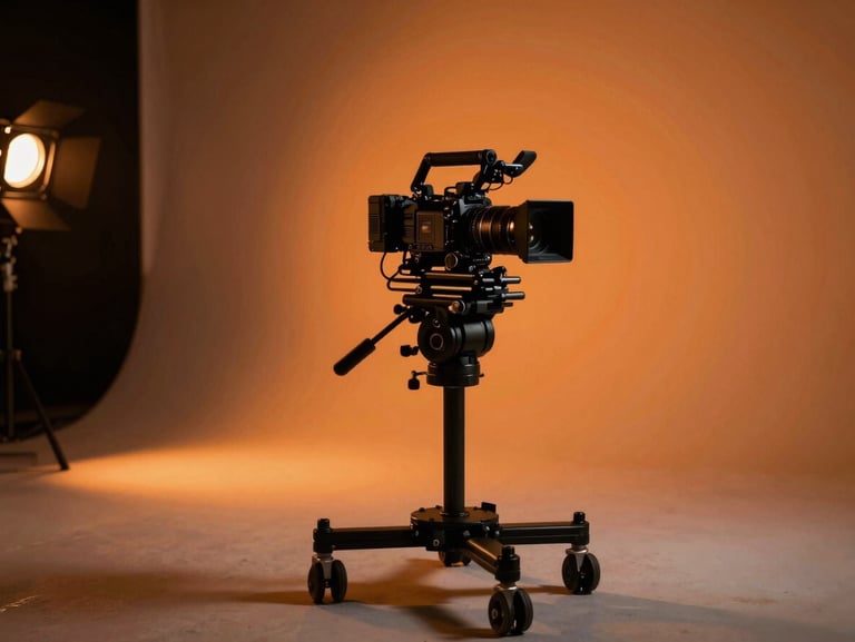 Behind-the-scenes video production set with a camera rig on a dolly, dramatic low-key lighting with warm orange ambient glows, sharp focus