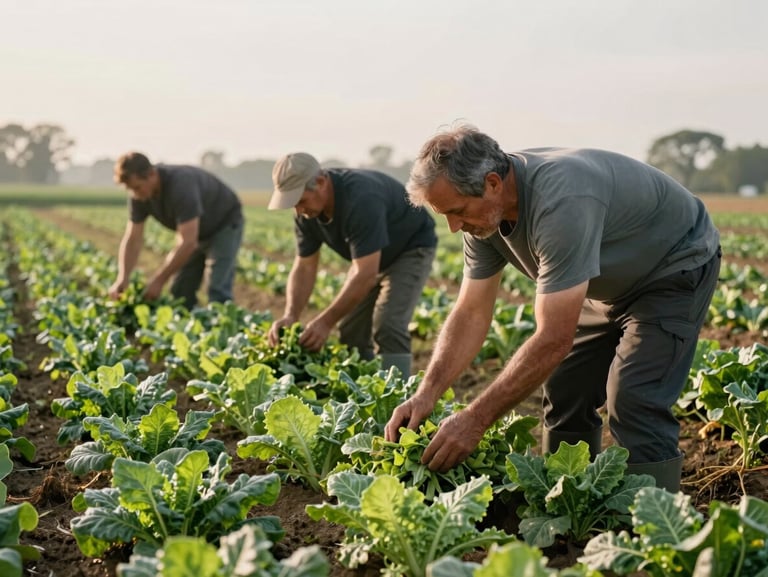 Farmers in soft morning light harvesting fresh heirloom greens in a quiet field, natural directional daylight.