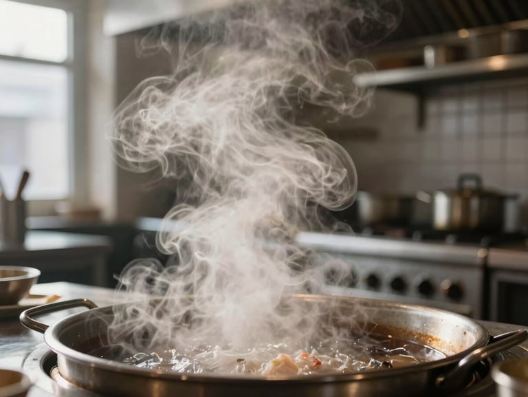 Close-up of steam rising from a hot pass in a moody, Scandinavian-style restaurant kitchen, warm natural light.