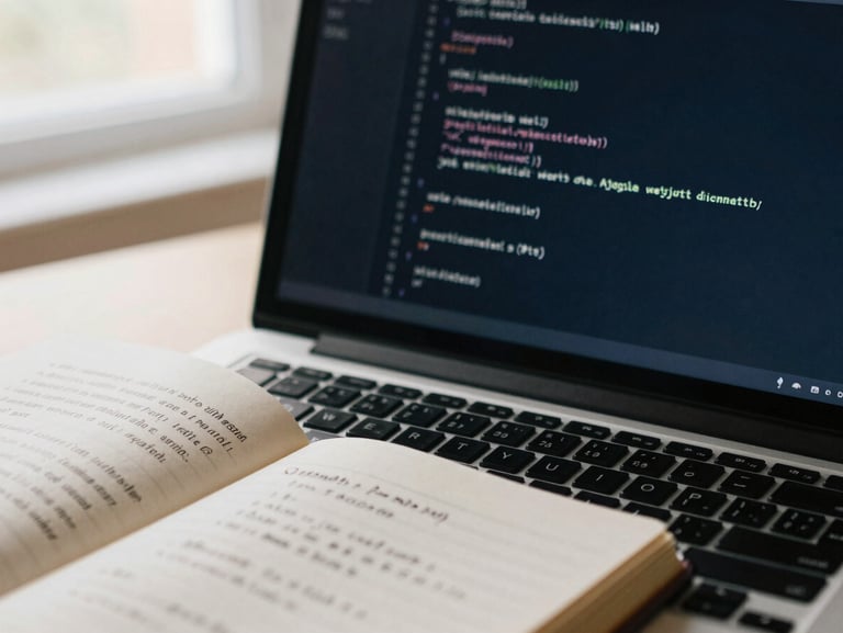 Close-up of a laptop screen displaying clean lines of code next to an open notebook with handwritten legal citations, soft warm lighting, 35mm