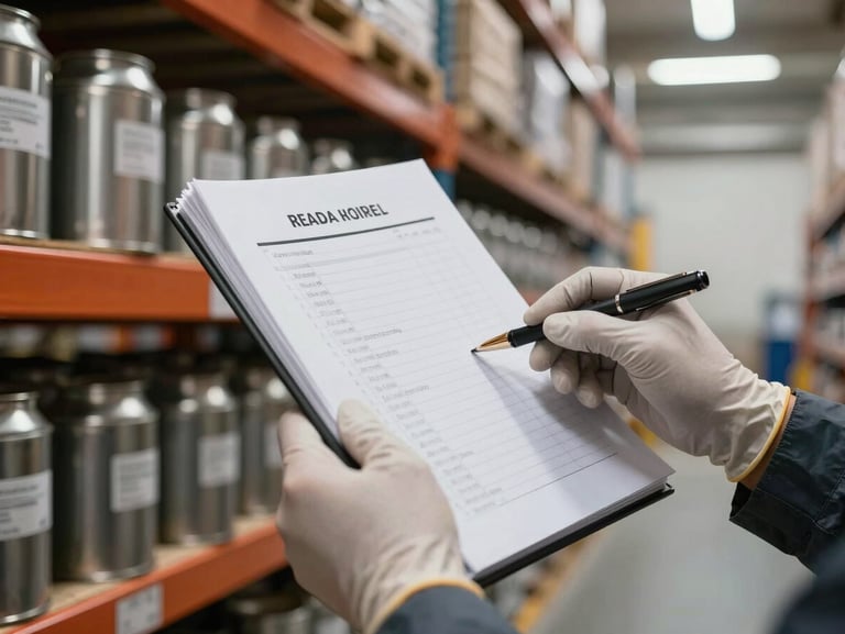 Close-up of hands wearing protective gloves checking a paper logbook next to organized warehouse racks filled with metal canisters under clean overhead lighting.