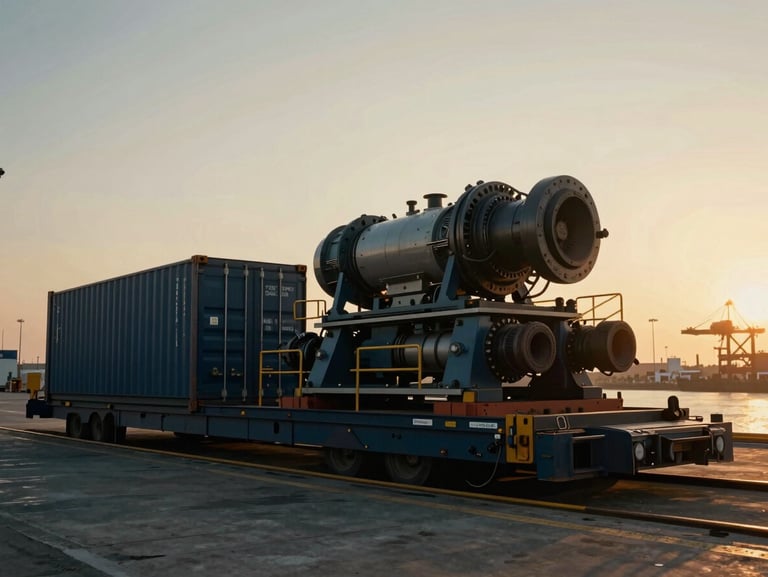 Dramatic golden hour shot of heavy industrial engineering equipment secured on a flat-rack shipping container at Mundra port, wide-angle lens.