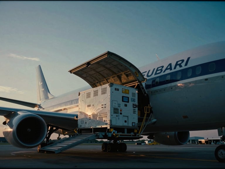 Cool-toned cinematic shot of temperature-controlled pharmaceutical cargo loading onto an air freight carrier, dramatic lighting, 35mm film grain.