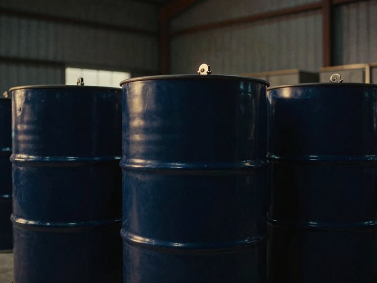 Cinematic close-up of chemical storage drums in a modern warehouse, low-key dramatic lighting, deep navy tones, 35mm film grain.