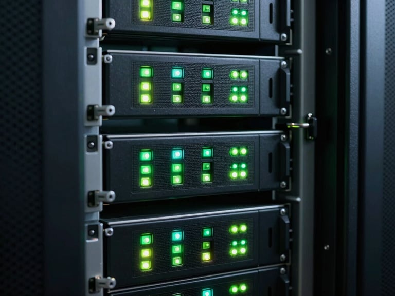Macro shot of physical server rack cabling with neon green status lights in a cool-toned dark server room, high-contrast technical precision.