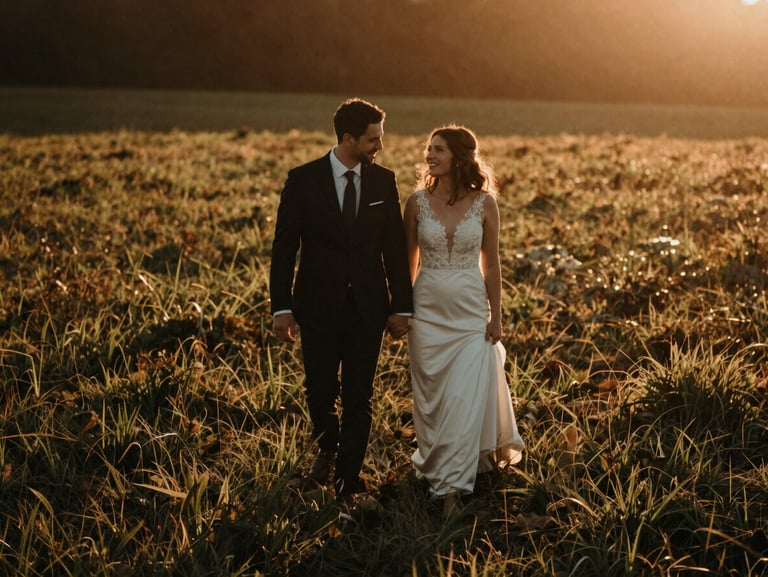 Candid wedding couple walking through a field at sunset, warm cinematic tones, low contrast, rich shadows