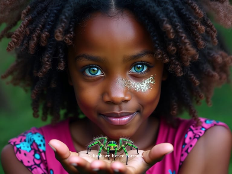 a young girl with green eyes and a spider spider webcamo