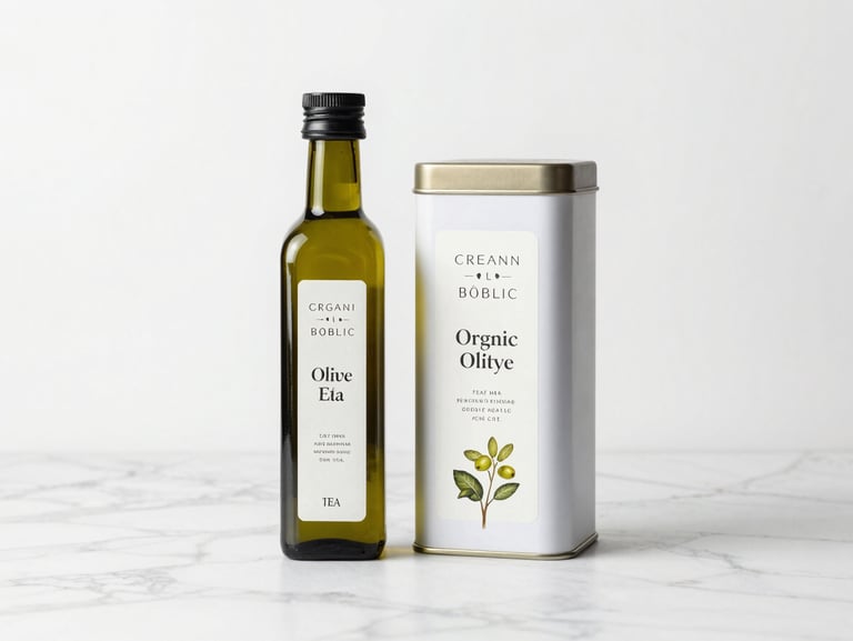 Clean luxury grocery packaging, organic olive oil bottle and artisanal tea tin on a bright marble surface