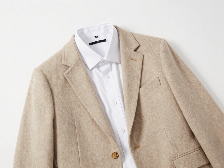 Neatly arranged flat lay of high-end neutral-toned apparel, structured wool blazer, crisp cotton shirt, clean studio lighting