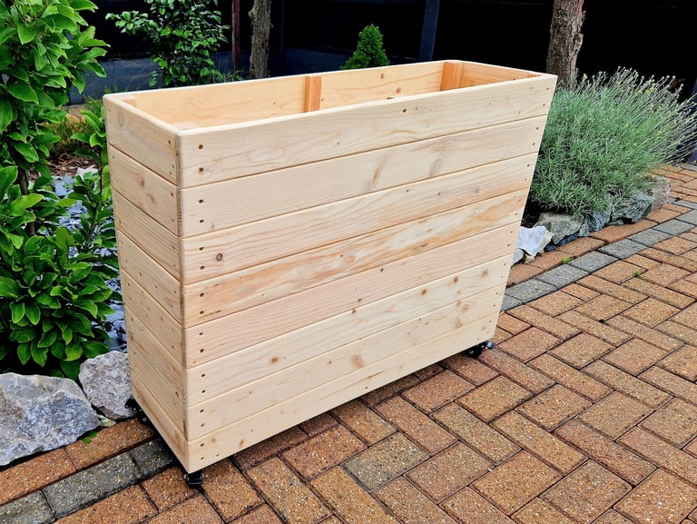 restaurant planter on wheels shallow bottom WOODEN OUTDOOR PLANTER GARDEN SOLID WOOD HANDMADE UK LONDON THROUGH tall large