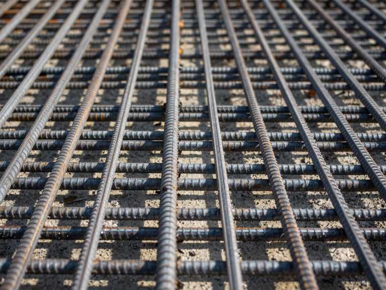 Macro flat-lay of interlocking steel reinforcement bars laid out in a precise grid pattern for concrete foundation, harsh midday sun casting sharp geometric shadows on the ground.