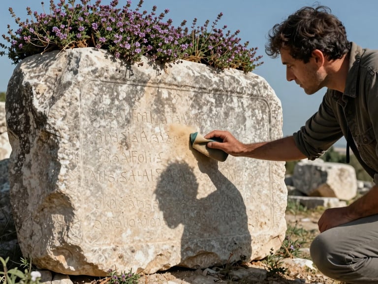 An archaeologist brushing dust off an ancient limestone inscription, overgrown with wild thyme, bright Anatolian sun casting sharp shadows.