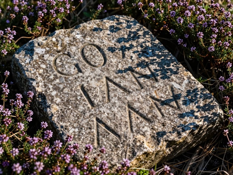 Weathered ancient stone inscription half-buried in wild thyme, harsh midday sun casting deep shadows, macro shot