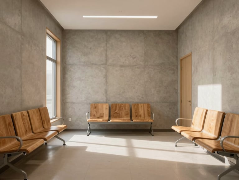 Symmetrical empty interior of a premium medical waiting room, warm natural light, minimalist oak furniture, concrete walls, serene atmosphere.