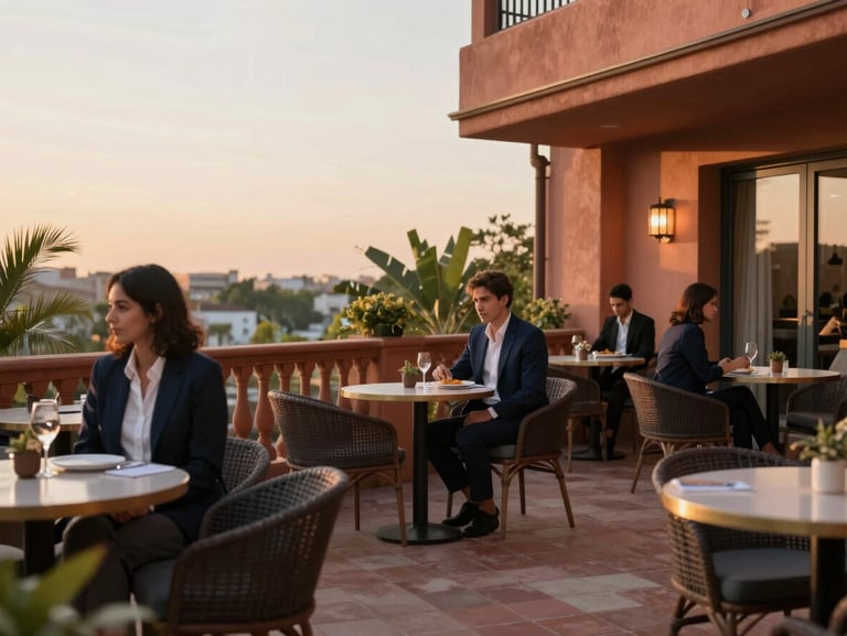 Warm editorial photography of a boutique hotel terrace at sunset, soft natural light, 35mm lens