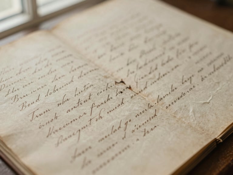 Close-up of a faded 19th-century handwritten document with bleeding ink on yellowed, fragile paper, soft directional light, 35mm