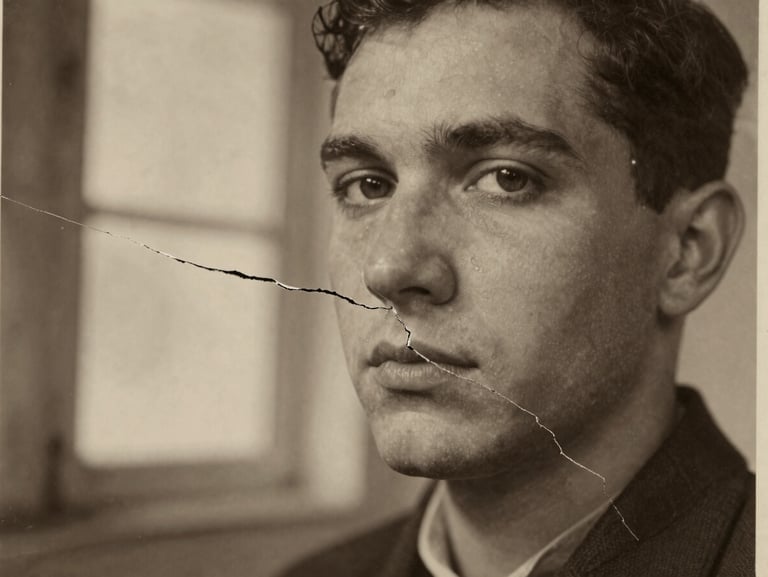 Macro close-up of a cracked 1920s black and white portrait photo showing severe tearing and water stains, warm archival lighting, 35mm
