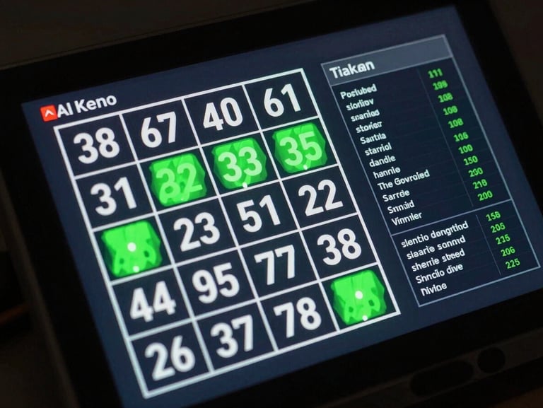 Tight overhead close-up of an AI Keno interface on a dark screen, number selection grid with accent-green probability overlays, algorithm scoring panel alongside, cool high-contrast studio strobe lighting, no human figures