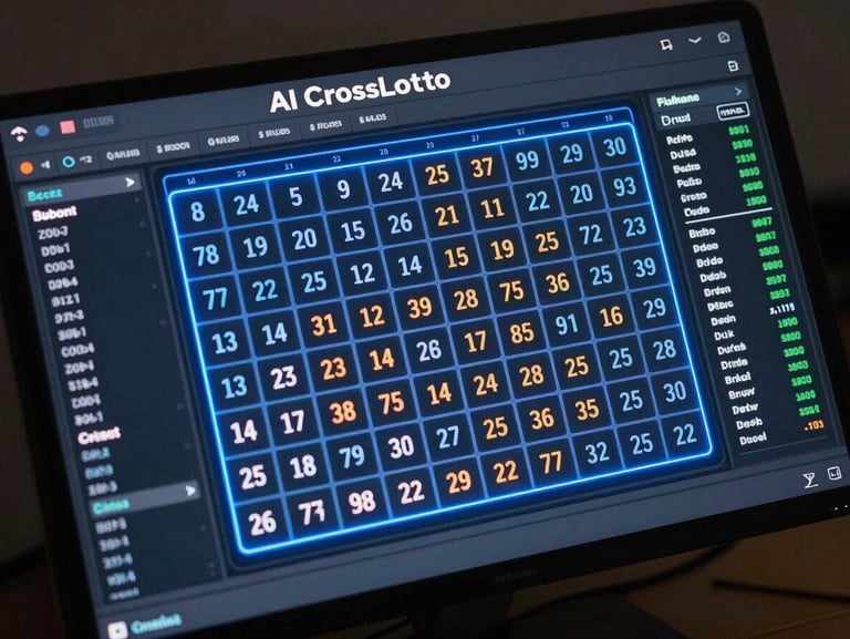 Overhead screenshot of AI CrossLotto game interface on a dark display, numbered draw grid illuminated with electric blue highlights, backend odds calculation columns visible in a side panel, cool studio lighting, no players or hands visible