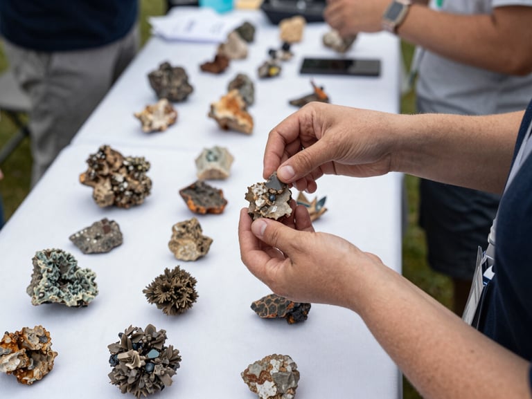 Environmental shot of a science outreach table set up outdoors at a community event, rock and mineral specimens arranged for handling, a pair of hands holding a sample out toward an unseen visitor, soft overcast daylight