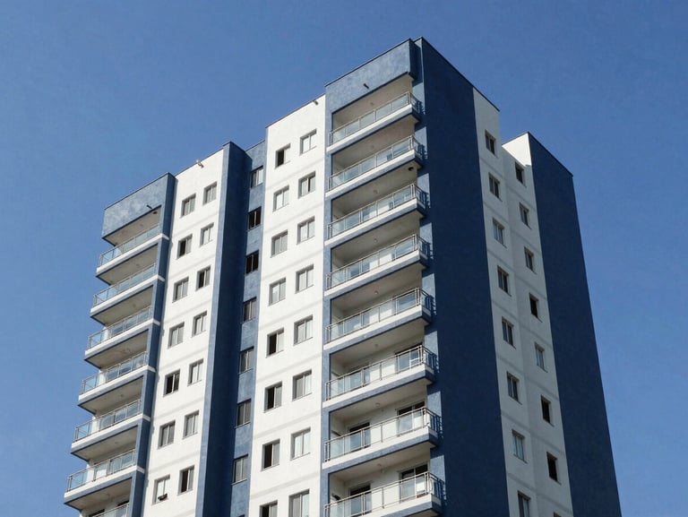 Modern high-rise residential building facade in Bertioga, freshly painted in deep navy and white, clear blue sky background, clean professional finish