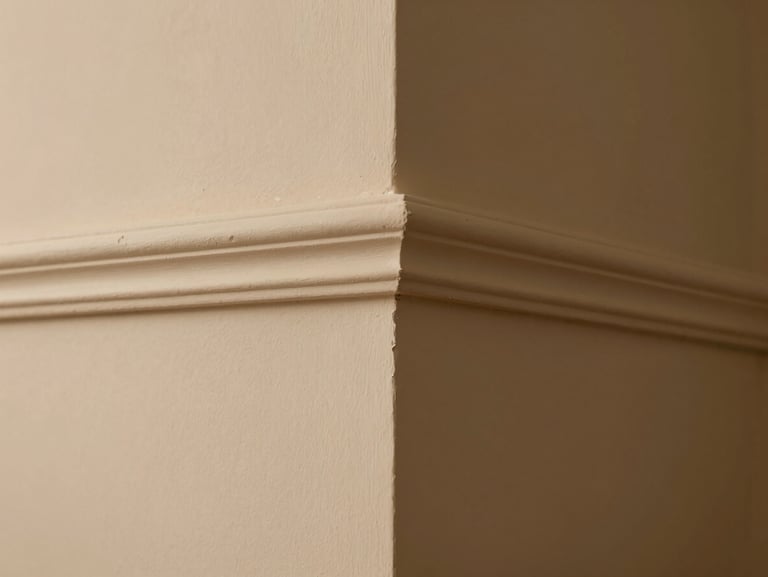 Close-up of a perfectly painted interior wall corner, smooth texture, warm sand color, professional clean lines, architectural detail