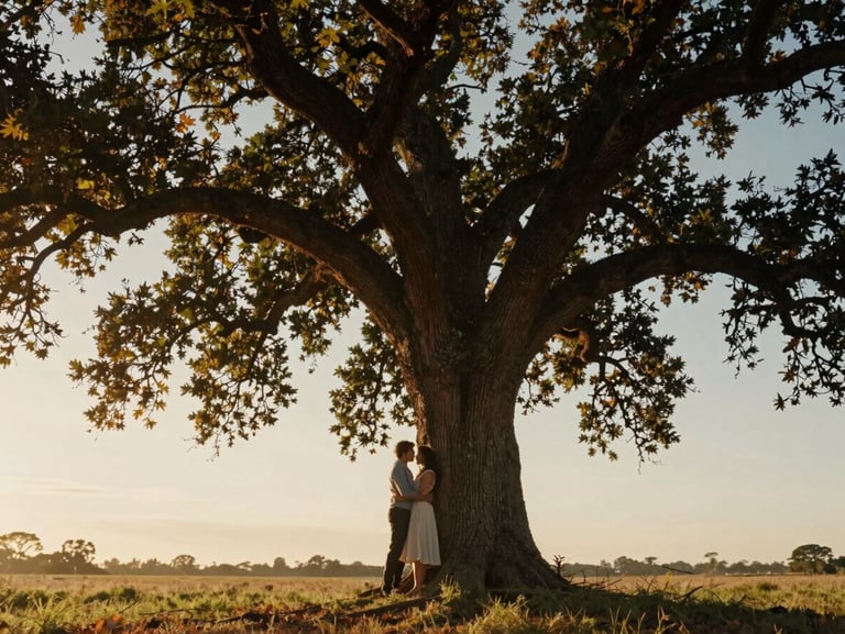 A couple embracing under a massive oak tree at golden hour, warm backlighting, cinematic wide shot