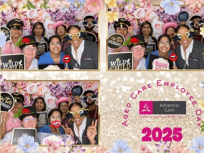 Careworkers being spoilt with a personalised template for their photo booth hire Victoria Point.