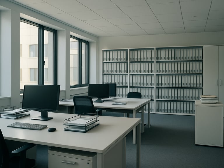 A structured, clean office environment with architectural scale, cool daylight illuminating organized desks and documentation folders.